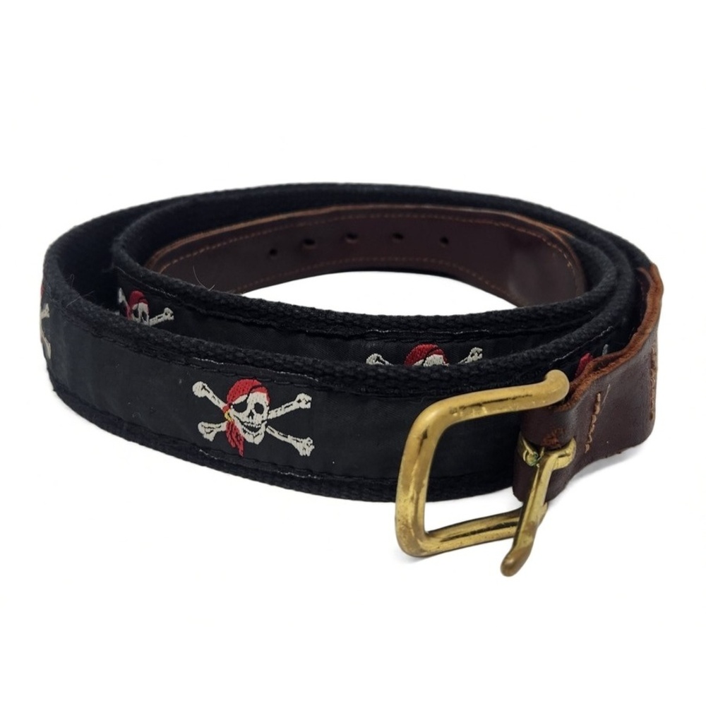 Preston Belt Mens 44 Skull Crossbones Embroidery Brass Buckle Preppy Nautical
